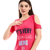 Red circle -  - Cold Shoulders Slip On Printed Sleepshirt - Fuchsia