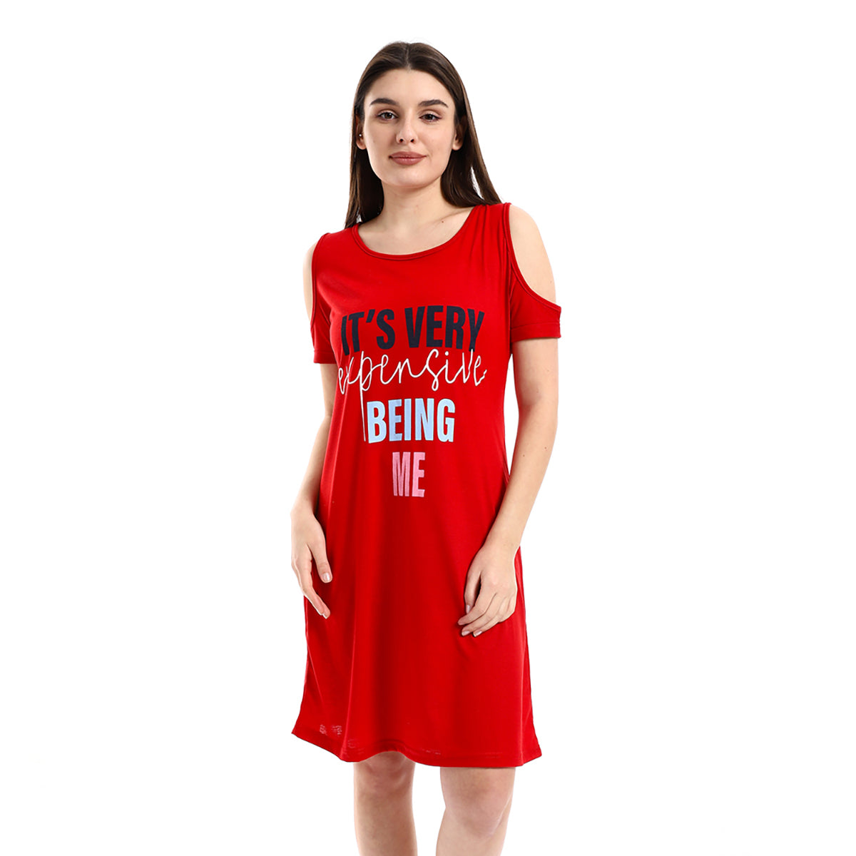 Red circle -  - Cold Shoulders Slip On Printed Sleepshirt - Fuchsia
