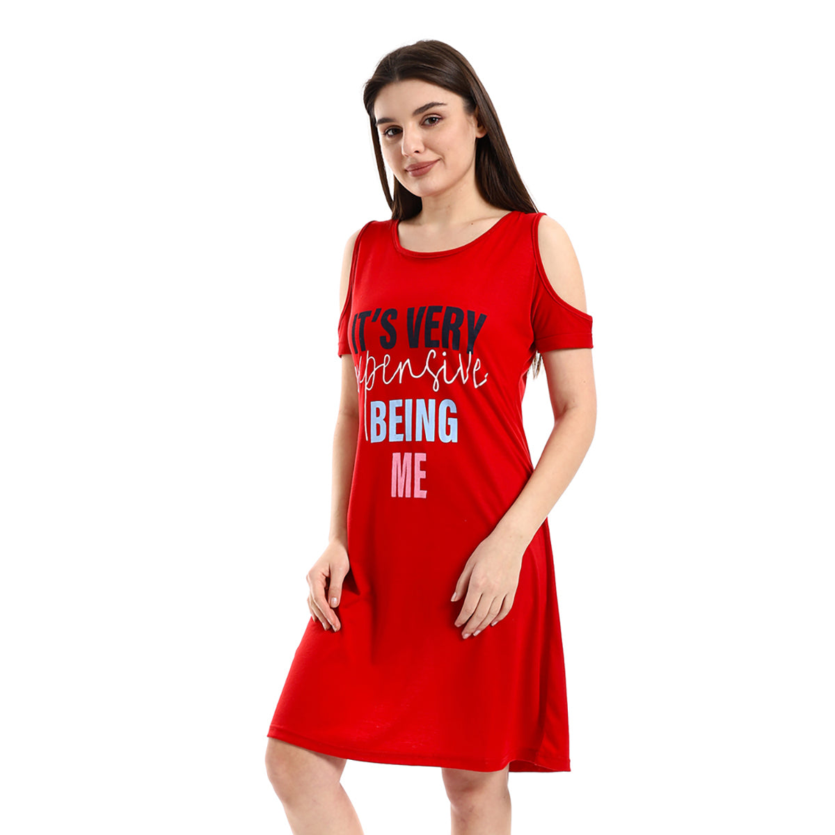 Red circle -  - Cold Shoulders Slip On Printed Sleepshirt - Fuchsia