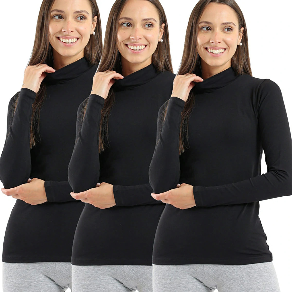 Carina - High Neck Long Sleeve Cotton Top - Pack of 3
