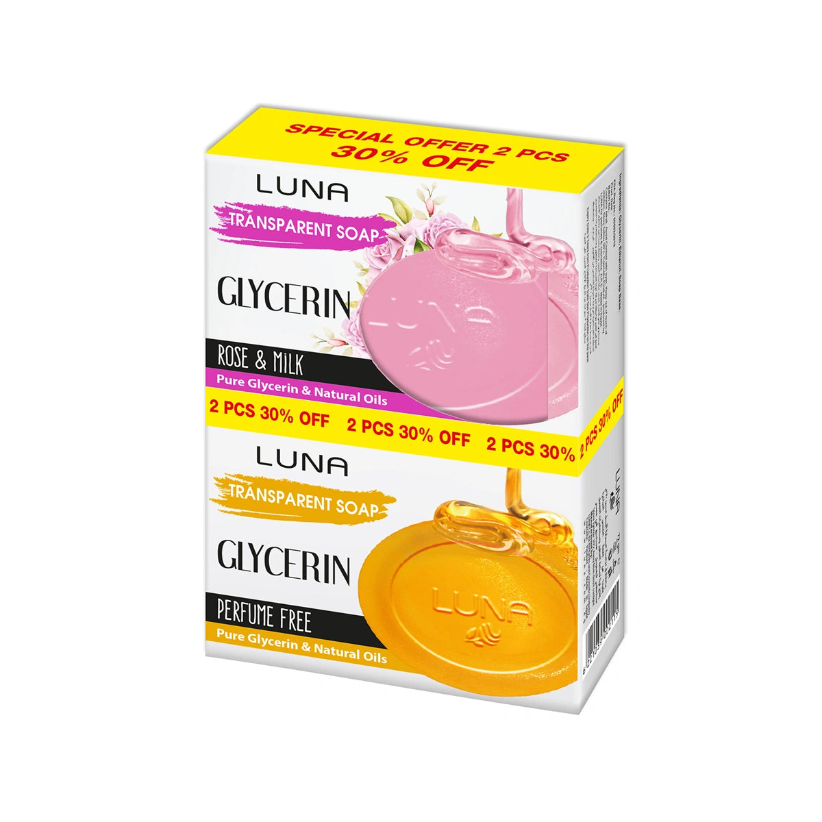 Luna -  Glycerine Soap Pack of TWO 72gm Rose&Milk + fragrance Free