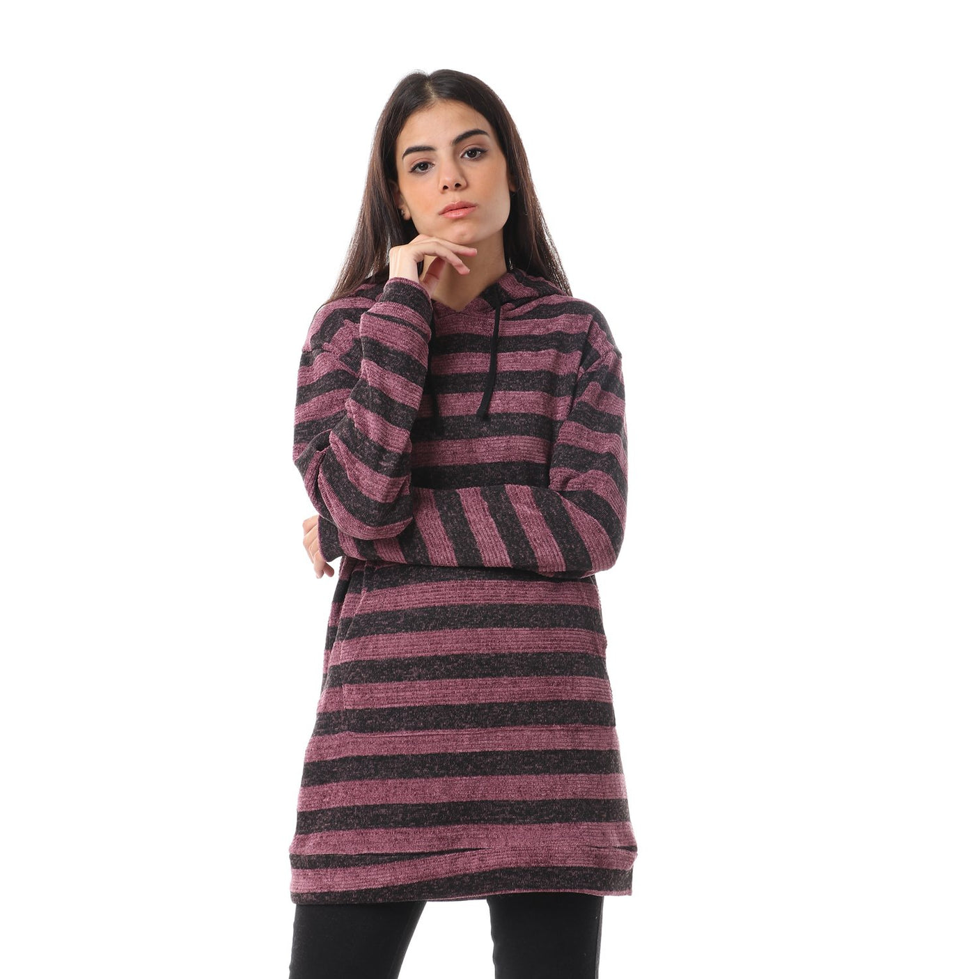 Red circle -  Wild Striped Velvet Long Hoodie