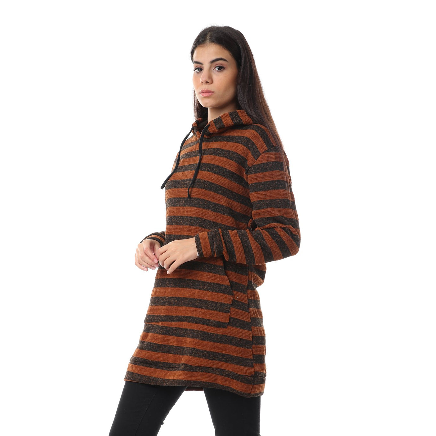 Red circle -  Wild Striped Velvet Long Hoodie