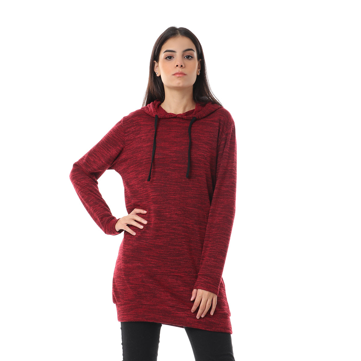 Red circle -  - Slip On Knitted Long Hoodie - Maroon