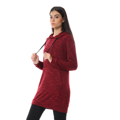 Red circle -  - Slip On Knitted Long Hoodie - Maroon