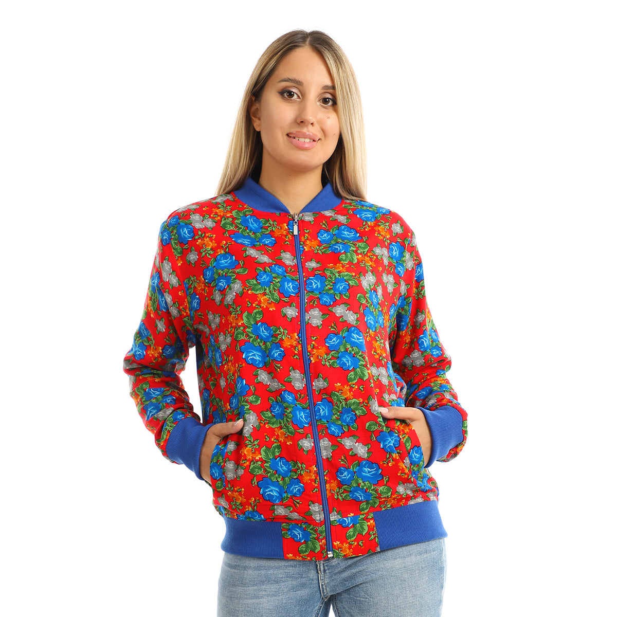 Red circle -  - Long Sleeves Floral Zipper Casual Jacket - Multicolour