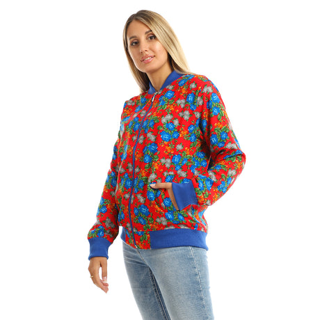 Red circle -  - Long Sleeves Floral Zipper Casual Jacket - Multicolour