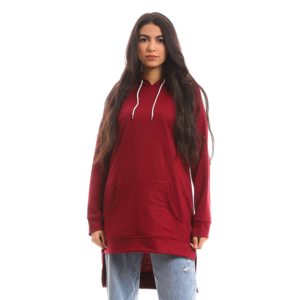 Red circle -  - High Low Kangaroo Pocket Loose Long Hoodie - Burgundy