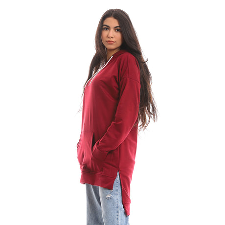 Red circle -  - High Low Kangaroo Pocket Loose Long Hoodie - Burgundy