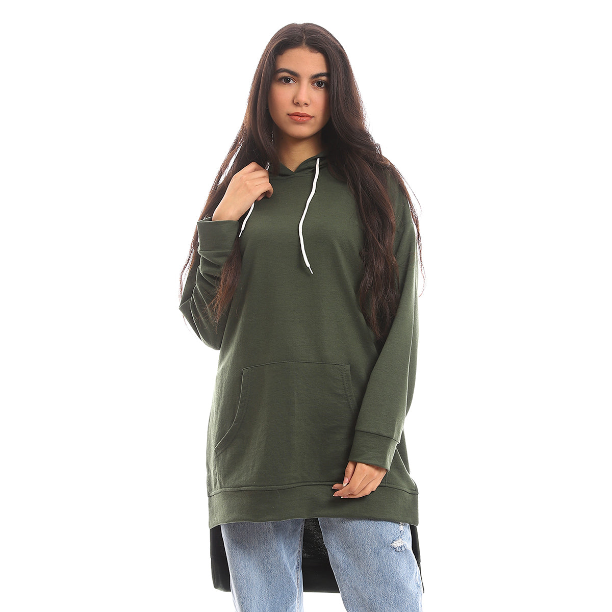 Red circle -  - High Low Kangaroo Pocket Loose Long Hoodie - Burgundy
