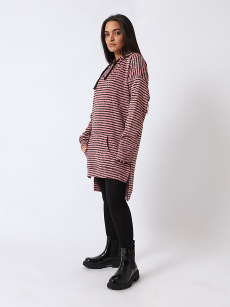 Red circle -  High-Low Striped Fleece Knitted Hoodie