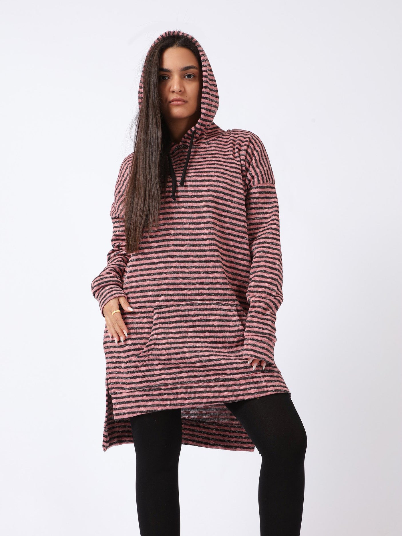 Red circle -  High-Low Striped Fleece Knitted Hoodie