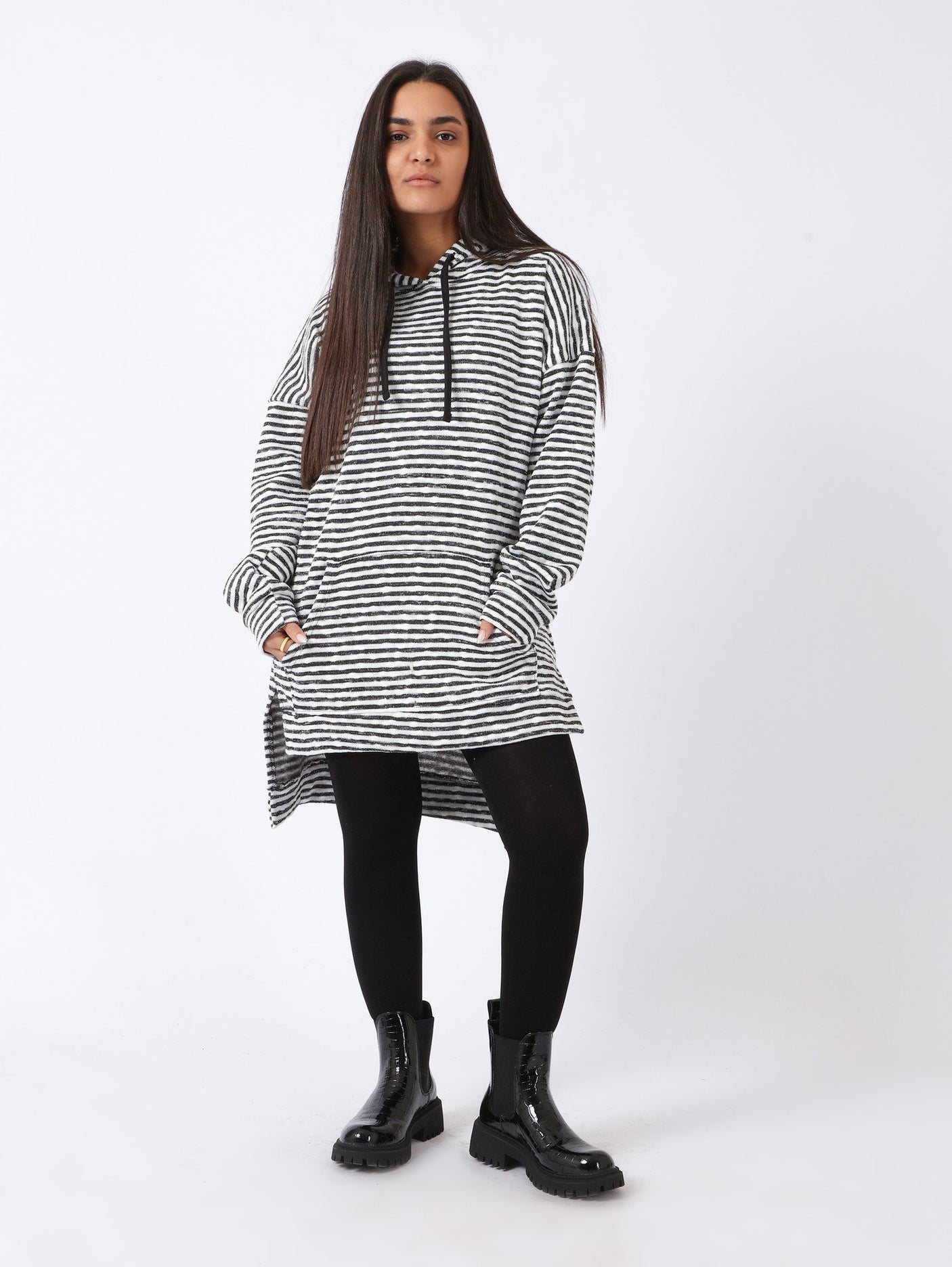 Red circle -  High-Low Striped Fleece Knitted Hoodie