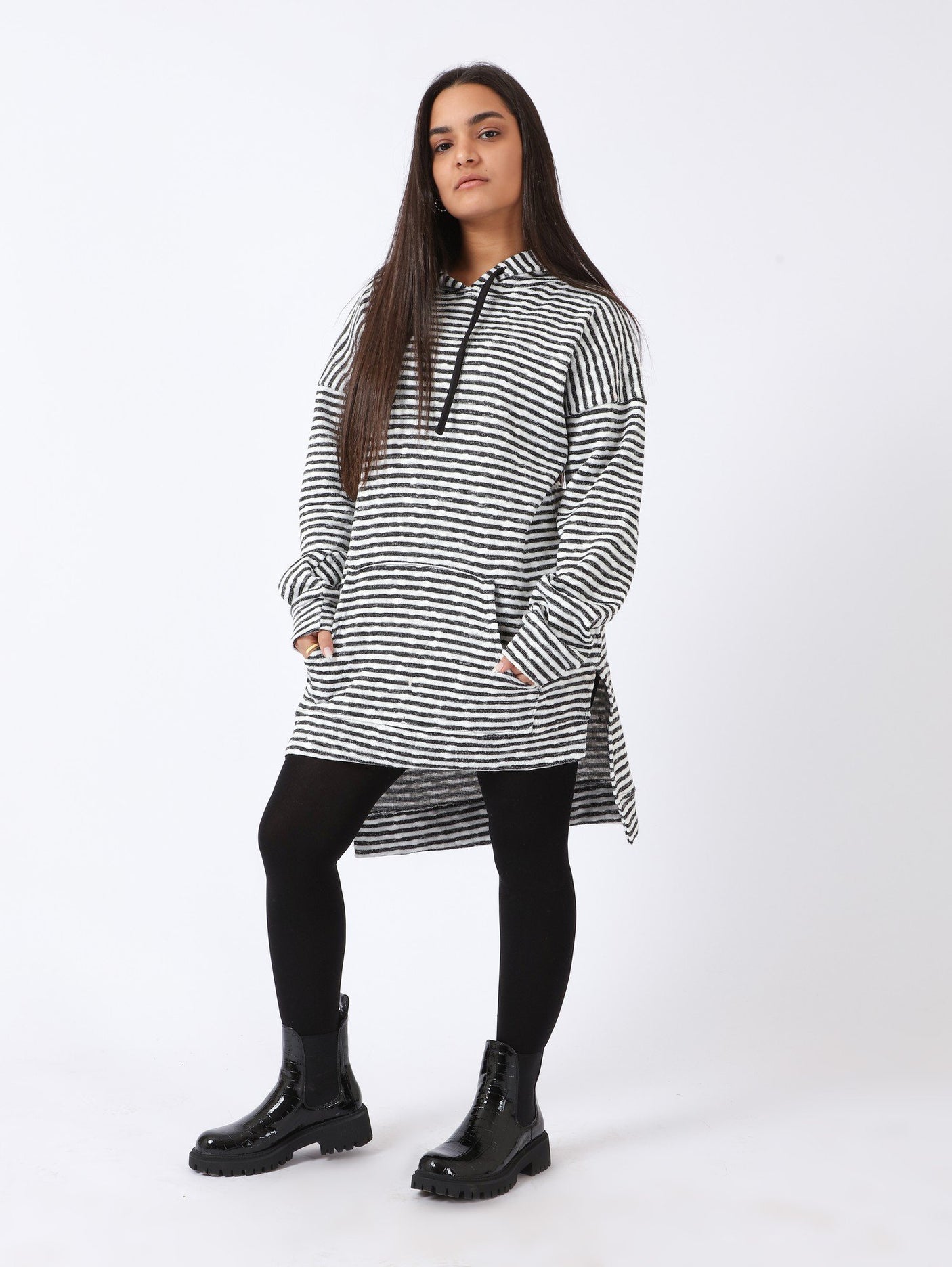 Red circle -  High-Low Striped Fleece Knitted Hoodie
