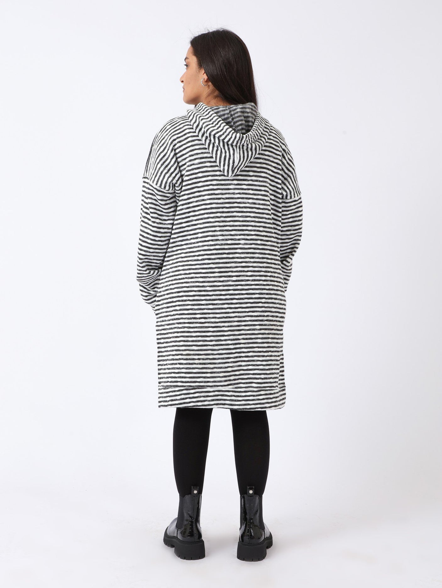 Red circle -  High-Low Striped Fleece Knitted Hoodie
