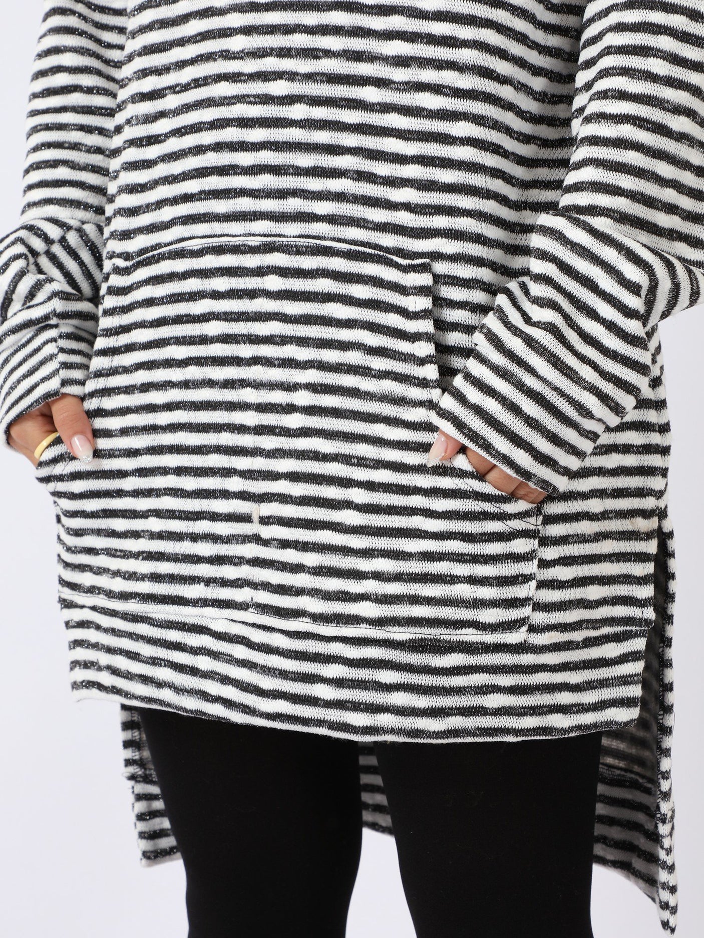 Red circle -  High-Low Striped Fleece Knitted Hoodie