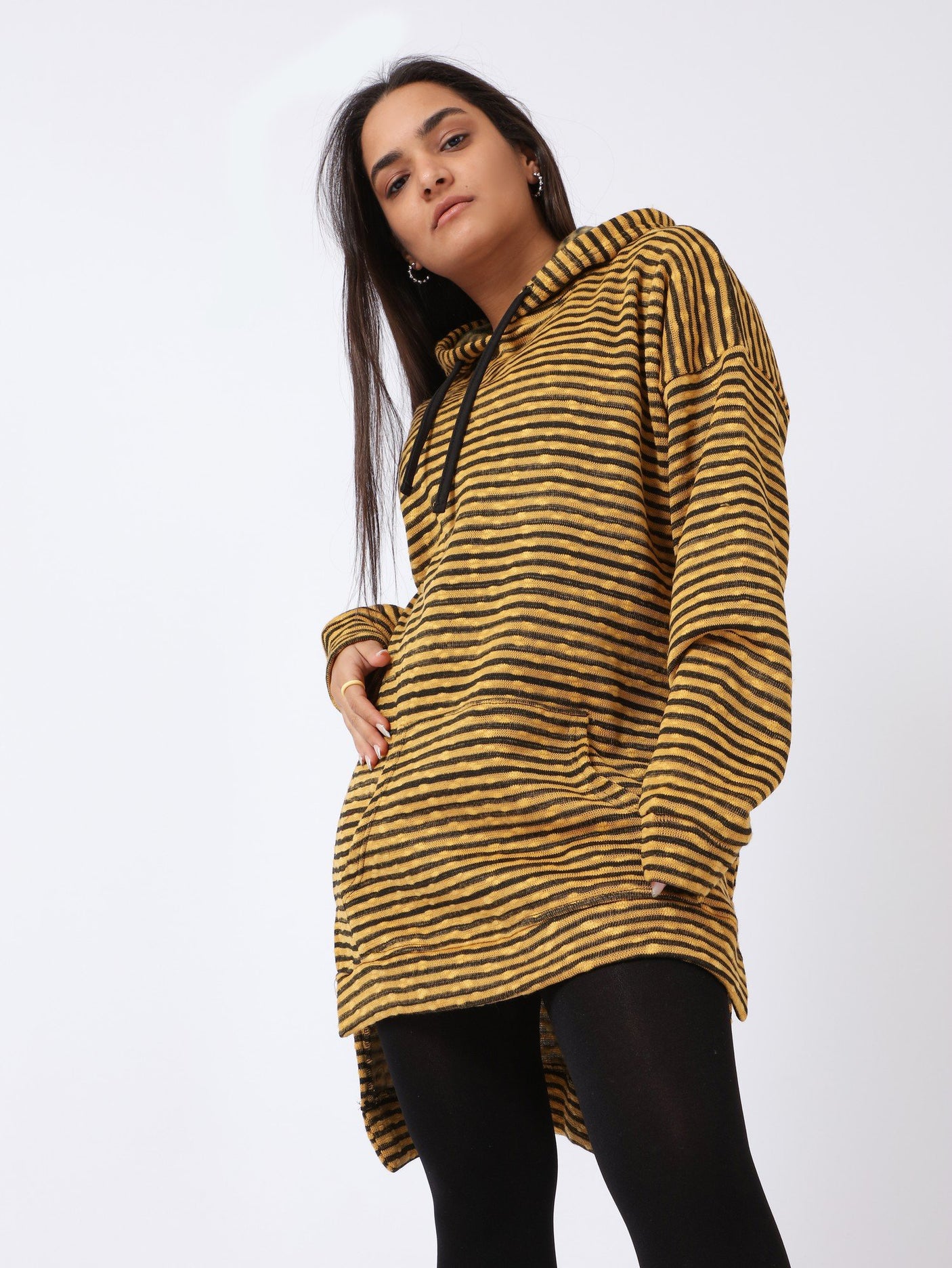 Red circle -  High-Low Striped Fleece Knitted Hoodie