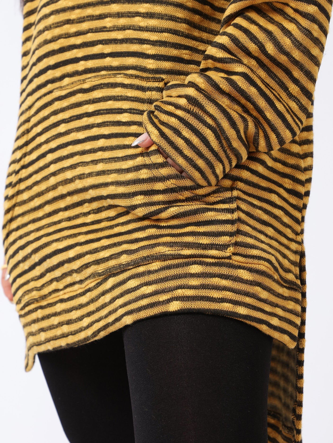 Red circle -  High-Low Striped Fleece Knitted Hoodie