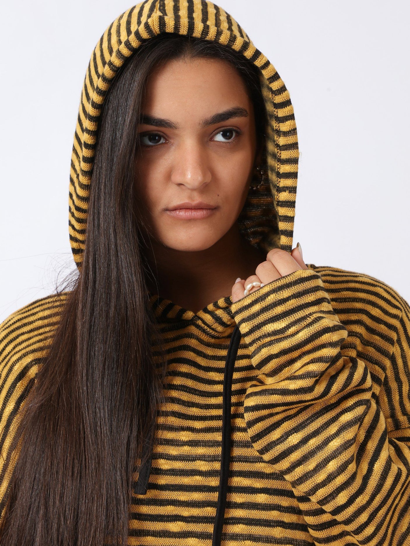 Red circle -  High-Low Striped Fleece Knitted Hoodie