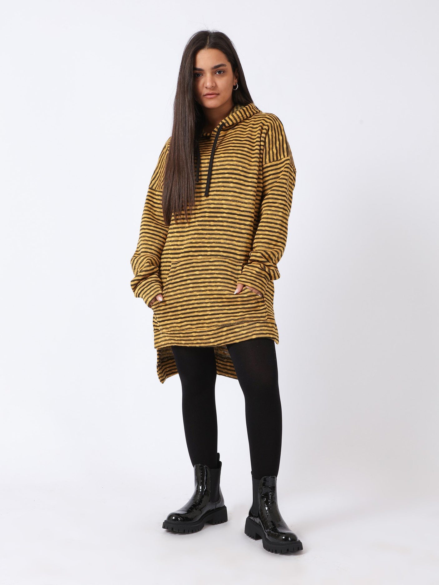 Red circle -  High-Low Striped Fleece Knitted Hoodie