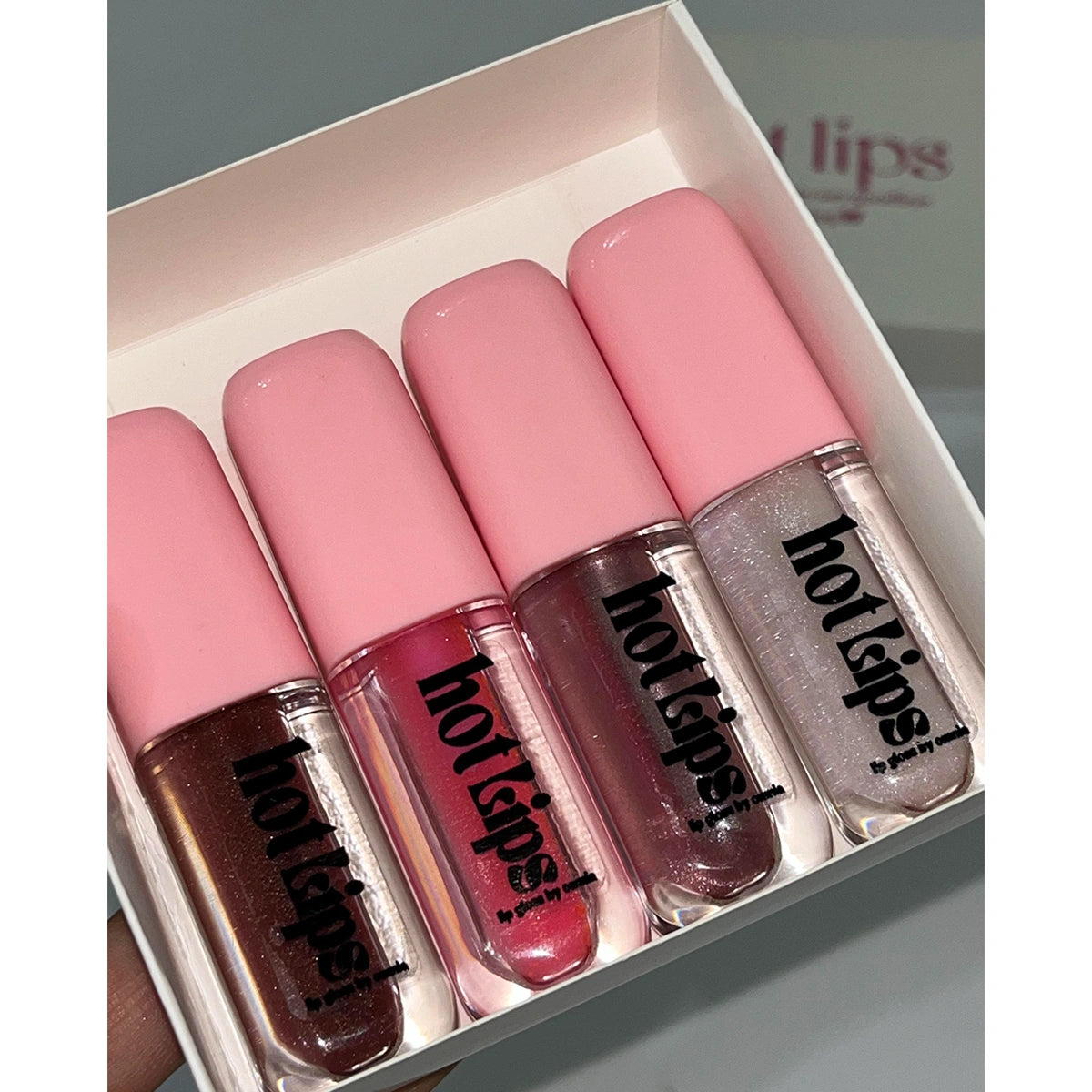 Hot Lips -Lip Gloss  pink big brush set 4 shades For Women