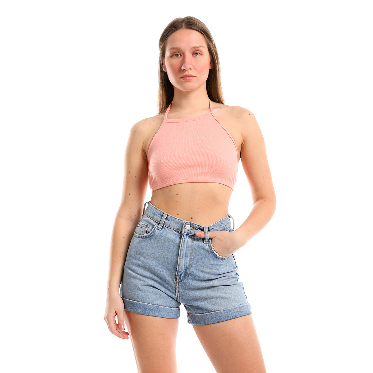 Red circle -  - Ribbed Halter Blue Crop Top