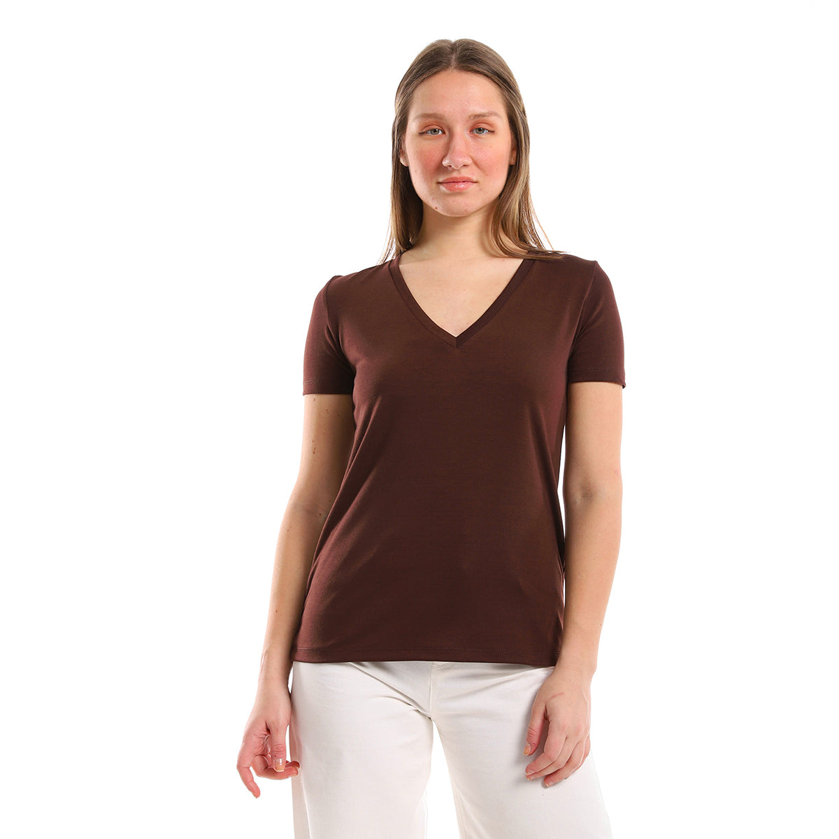 Red circle -  - V Neck Short Sleeves Plain Brown Tee