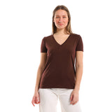 Red circle -  - V Neck Short Sleeves Plain Brown Tee
