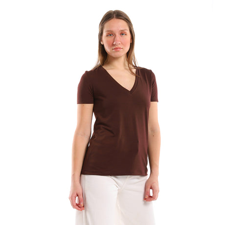 Red circle -  - V Neck Short Sleeves Plain Brown Tee