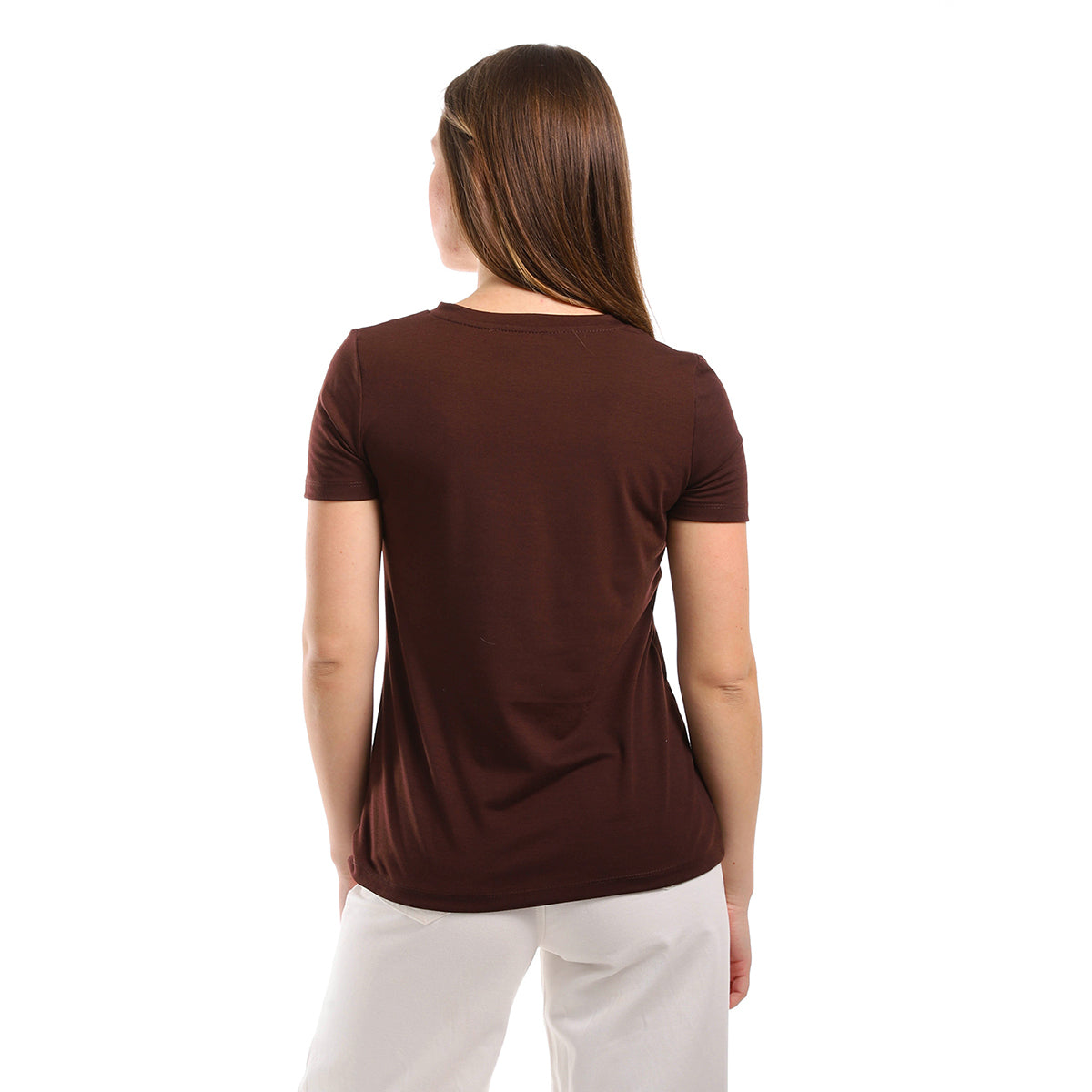 Red circle -  - V Neck Short Sleeves Plain Brown Tee