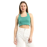 Red circle -  - Twist Chest Satin Accent Plain Emerald Green Top
