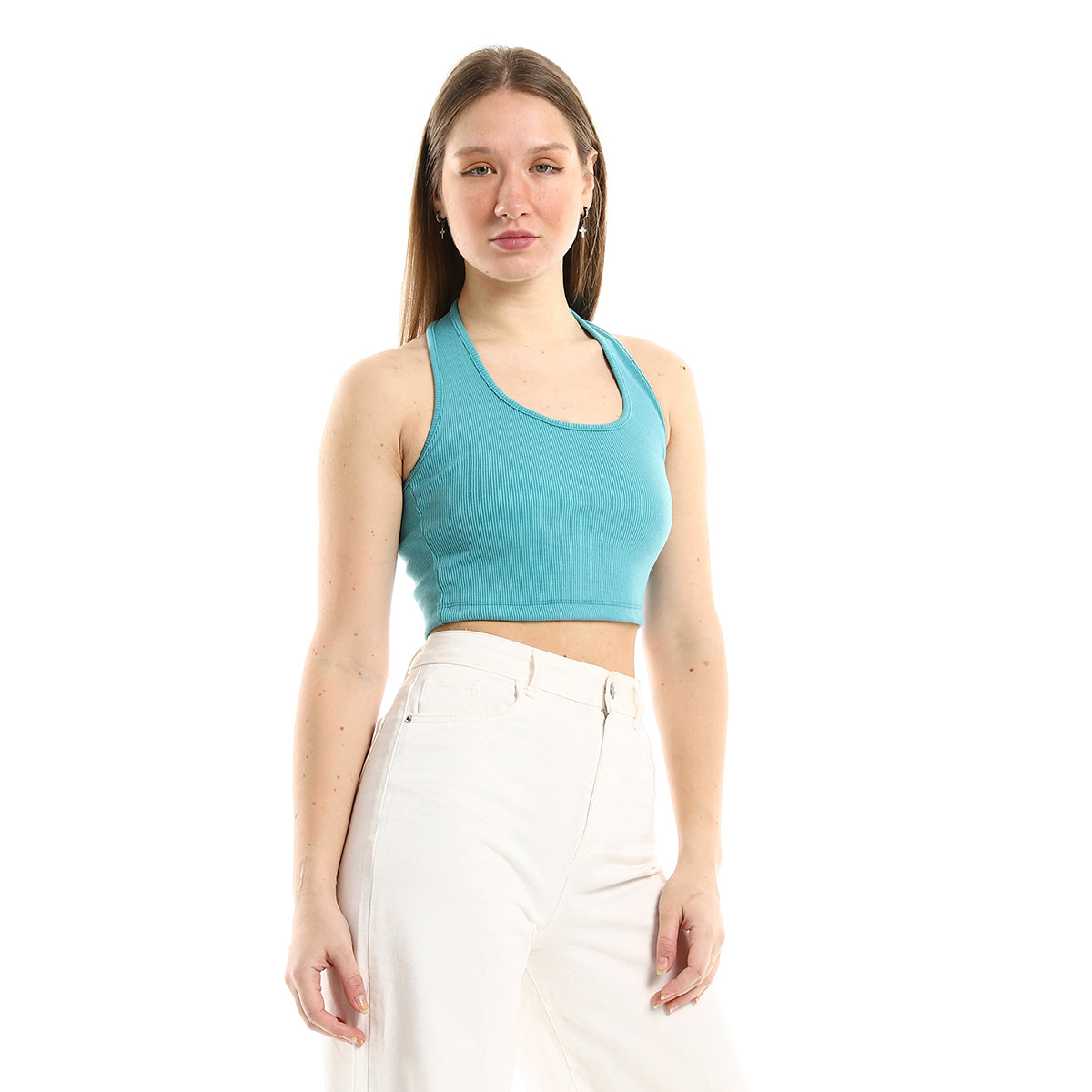 Red circle -  - Halter Ribbed Slip On Green Crop Top