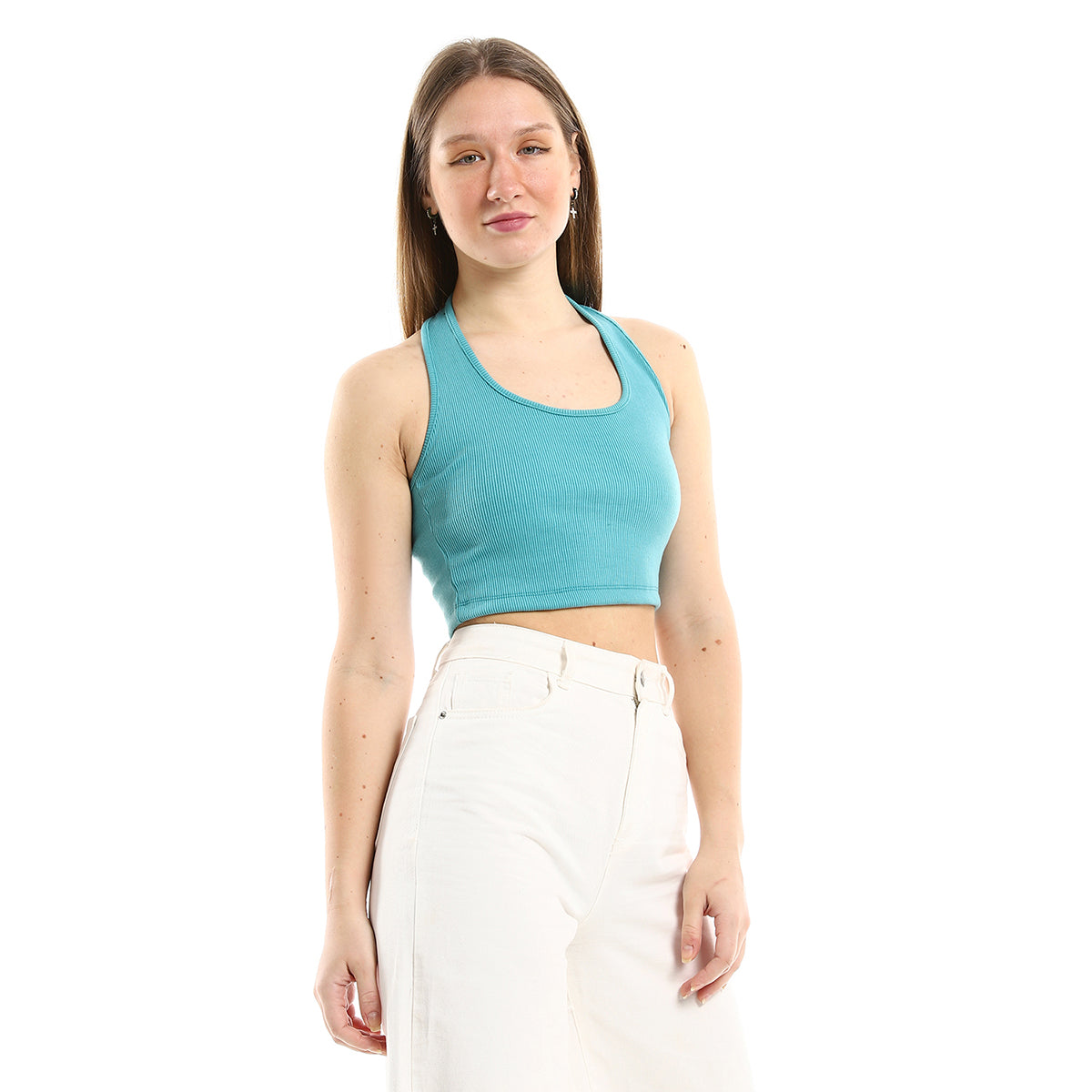 Red circle -  - Halter Ribbed Slip On Green Crop Top