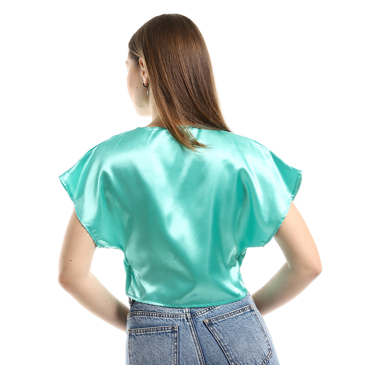 Red circle -  - Twist Chest Satin Accent Plain Emerald Green Top