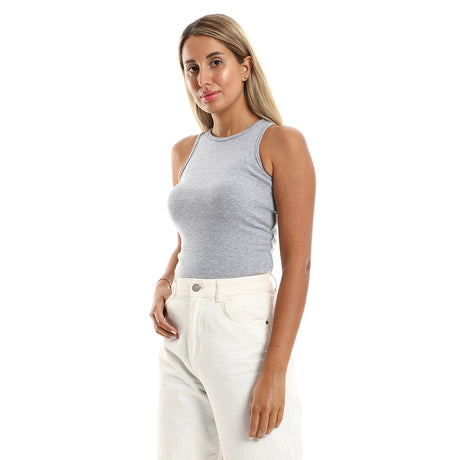 Red circle -  - Plain Sleeveless Crop Tank Top - Light Grey