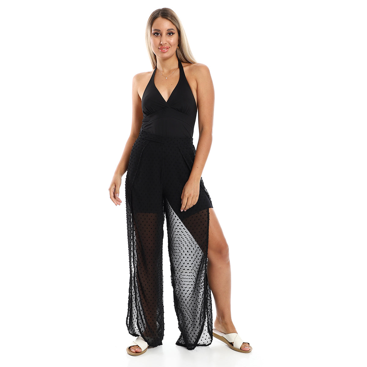 Red circle -  - Slip On Black Full Legs Side Slits Cover Up Pants