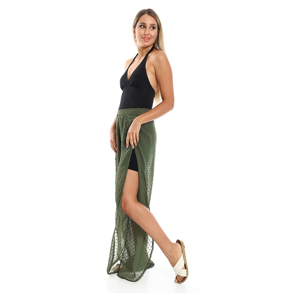Red circle -  - Slip On Black Full Legs Side Slits Cover Up Pants