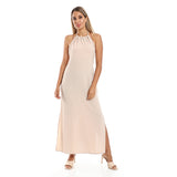 Red circle -  - Side Slits Backless Halter Neck Beige Cover Up Dress