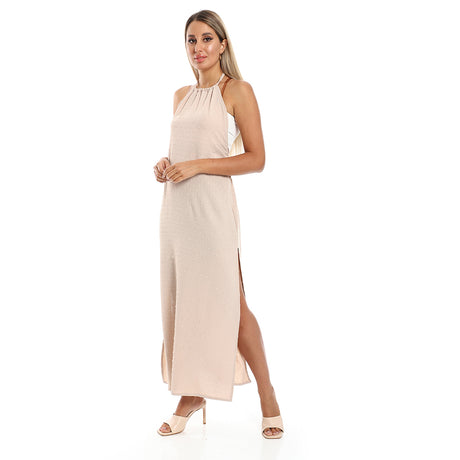 Red circle -  - Side Slits Backless Halter Neck Beige Cover Up Dress