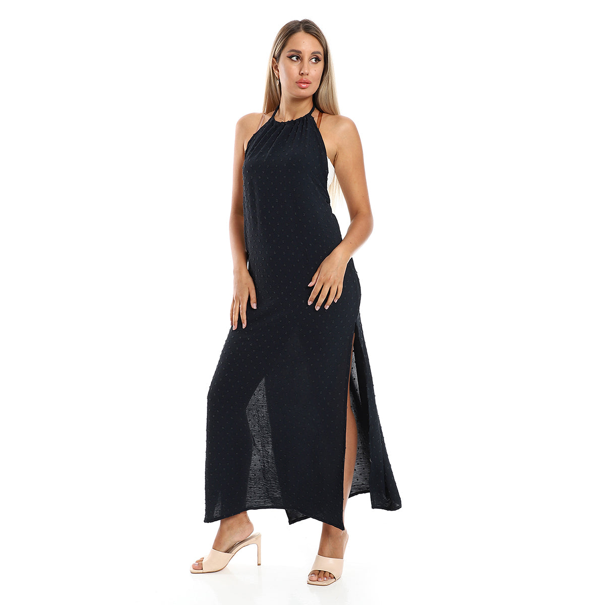 Red circle -  - Side Slits Backless Halter Neck Beige Cover Up Dress