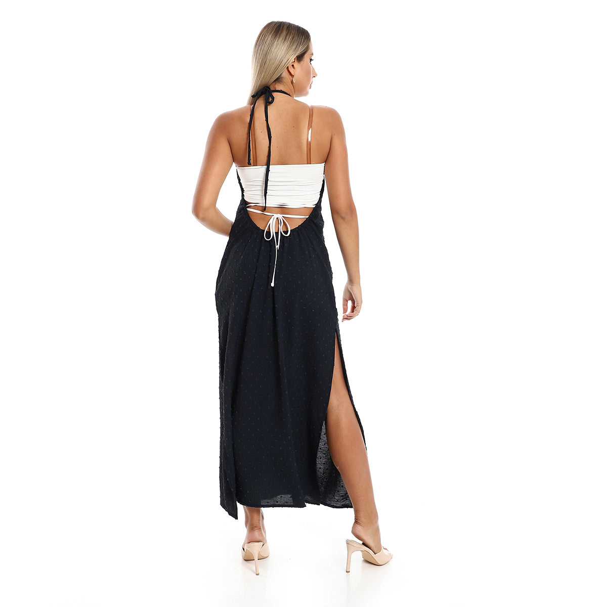 Red circle -  - Side Slits Backless Halter Neck Beige Cover Up Dress