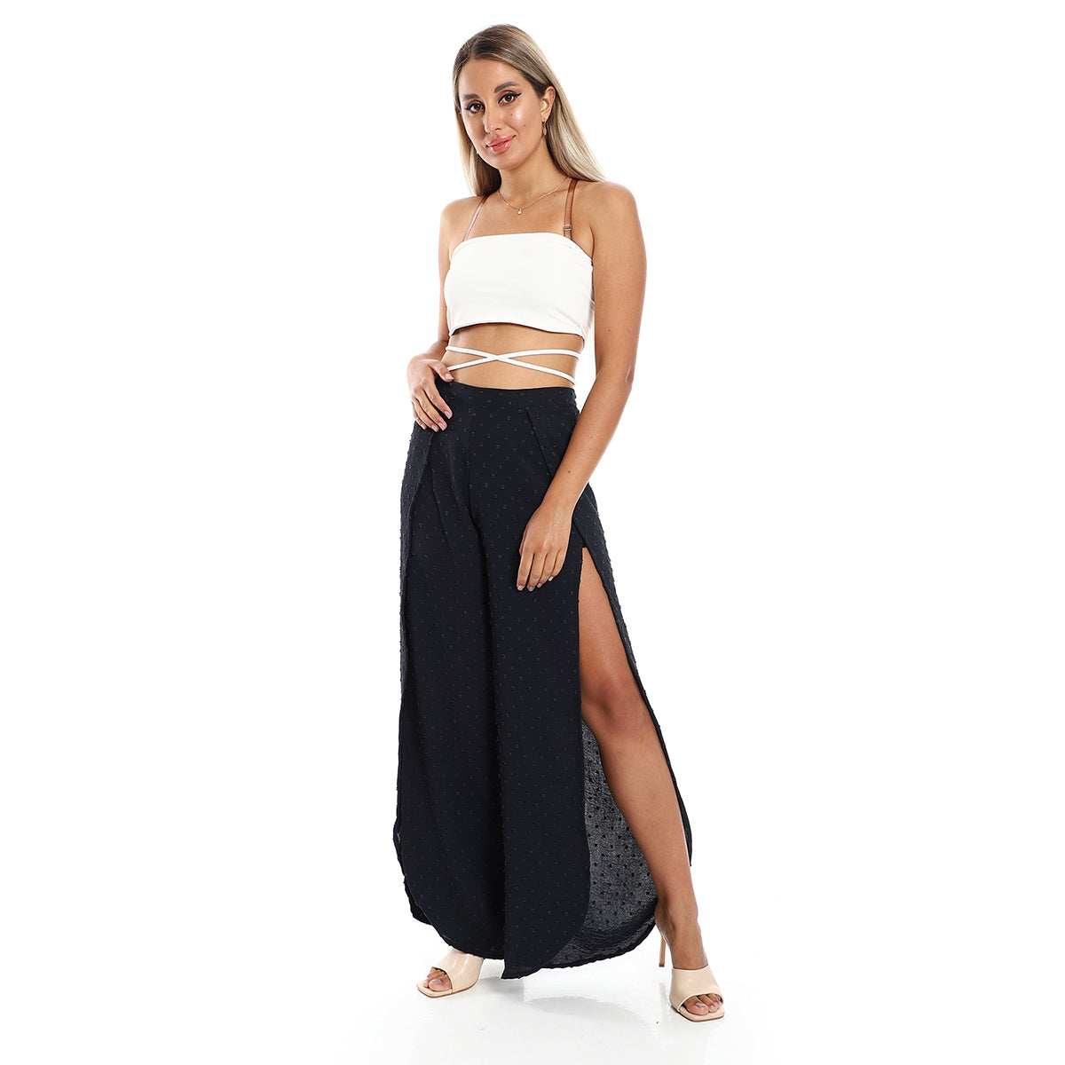 Red circle -  - Full Legs Side Slits Slip On Black Cover Up Pants