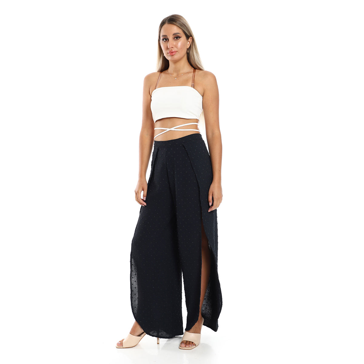 Red circle -  - Full Legs Side Slits Slip On Black Cover Up Pants