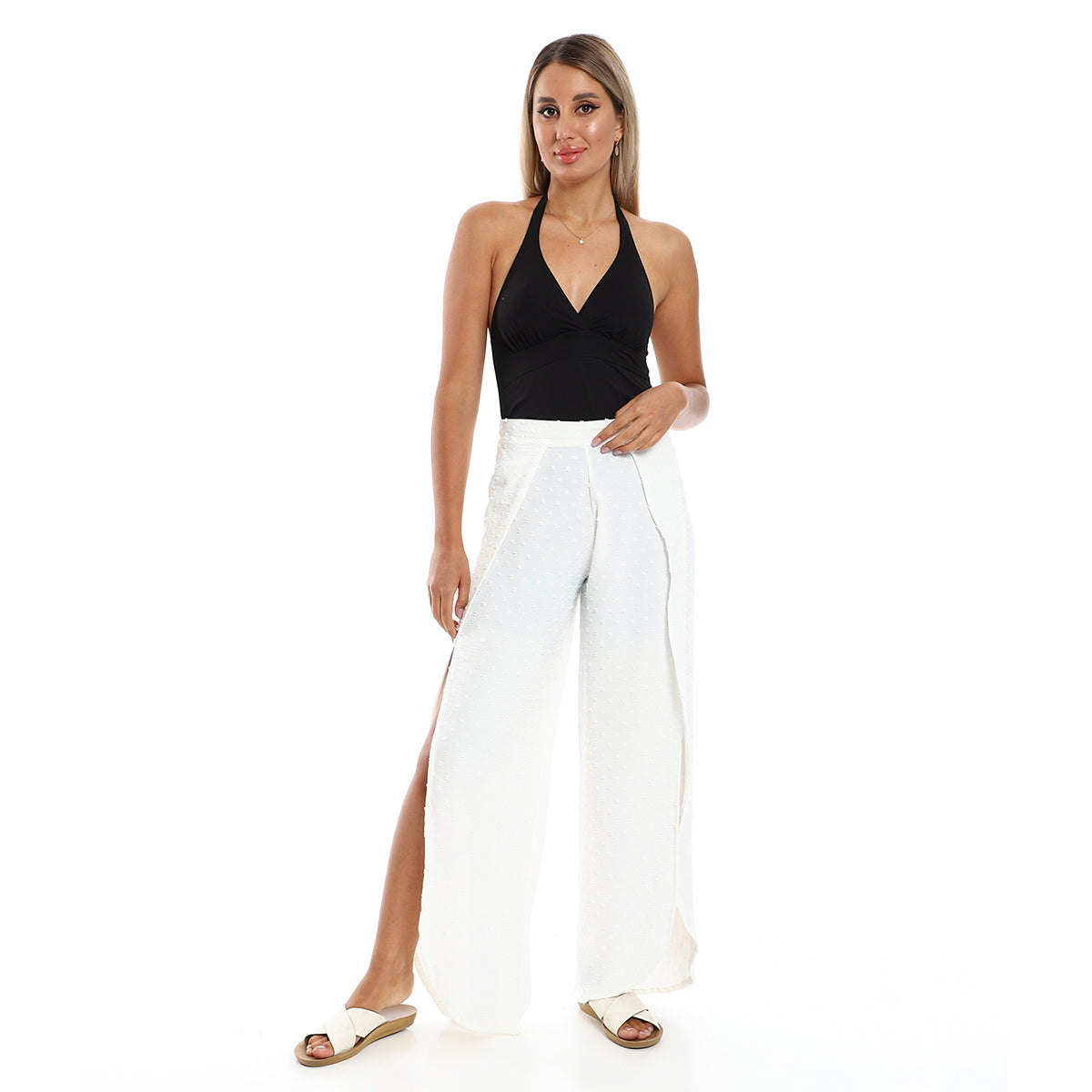 Red circle -  - Full Legs Side Slits Slip On Black Cover Up Pants