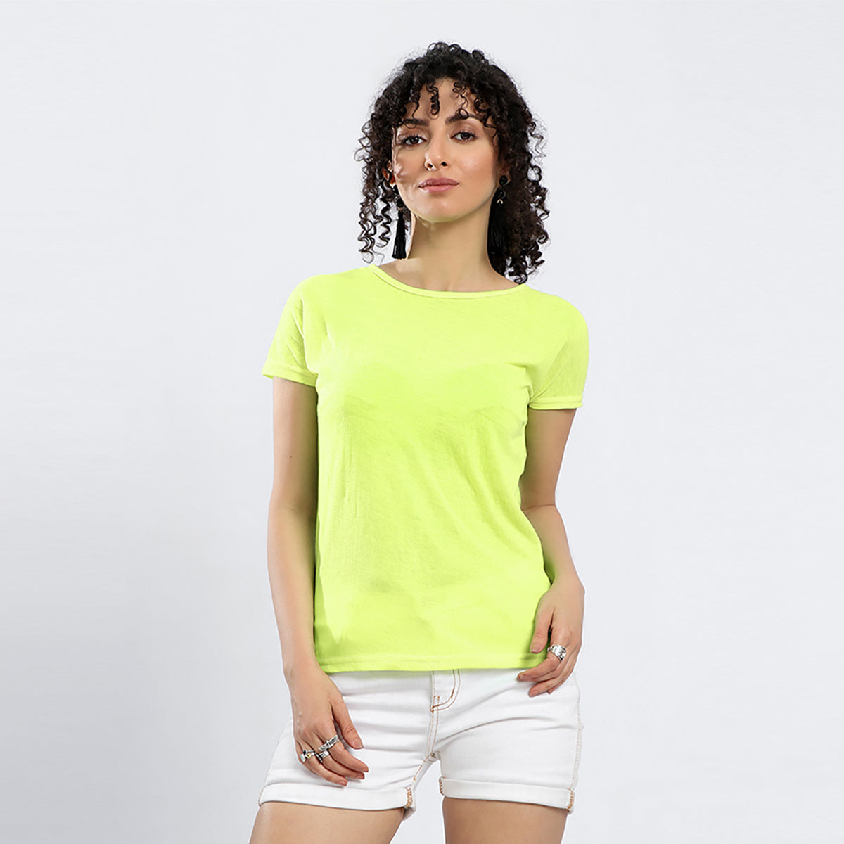 Red circle -  - Short Sleeves Slip On With Open Back Neon Yellow T-shirt