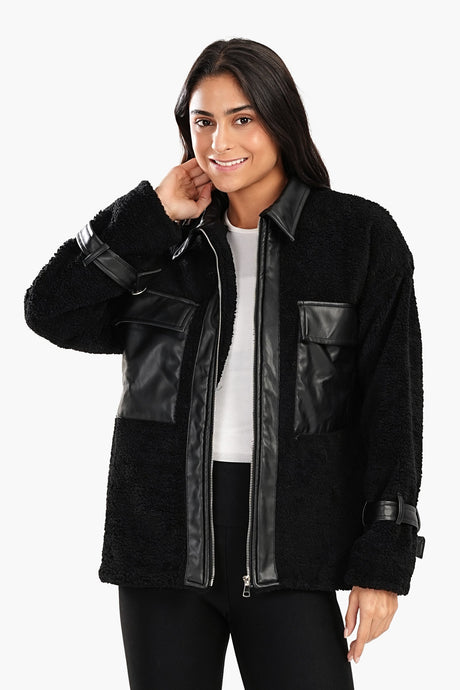 Carina - Fleece & Leather Black Jacket