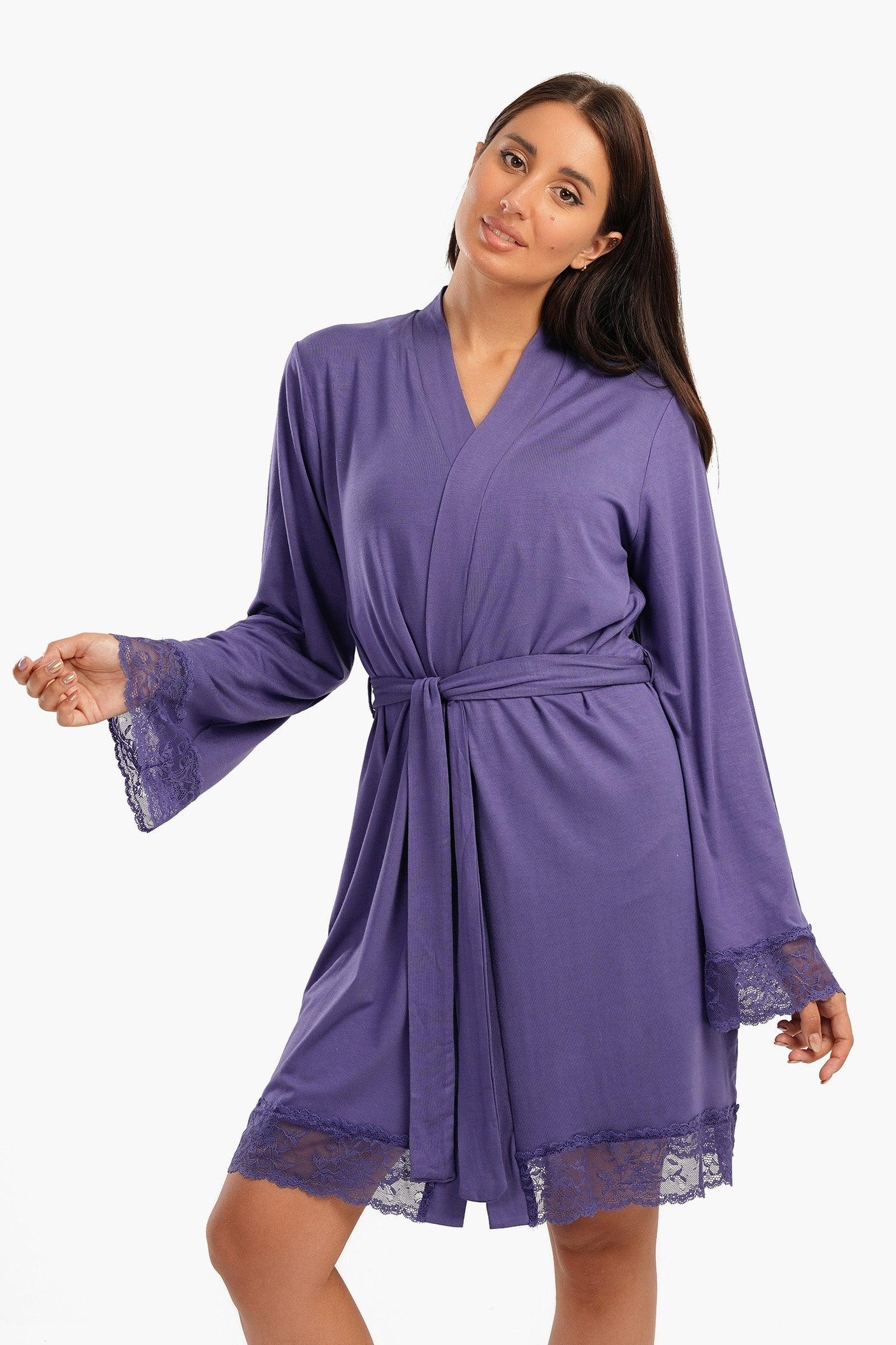 Carina -  Viscose Robe with Lace Details