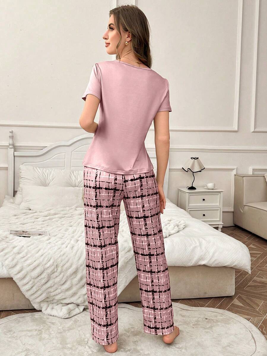 Shein - 2pcs Set Letter & Bow Print Short Sleeve Sleepwear And Plaid Lounge Pants Bowknot