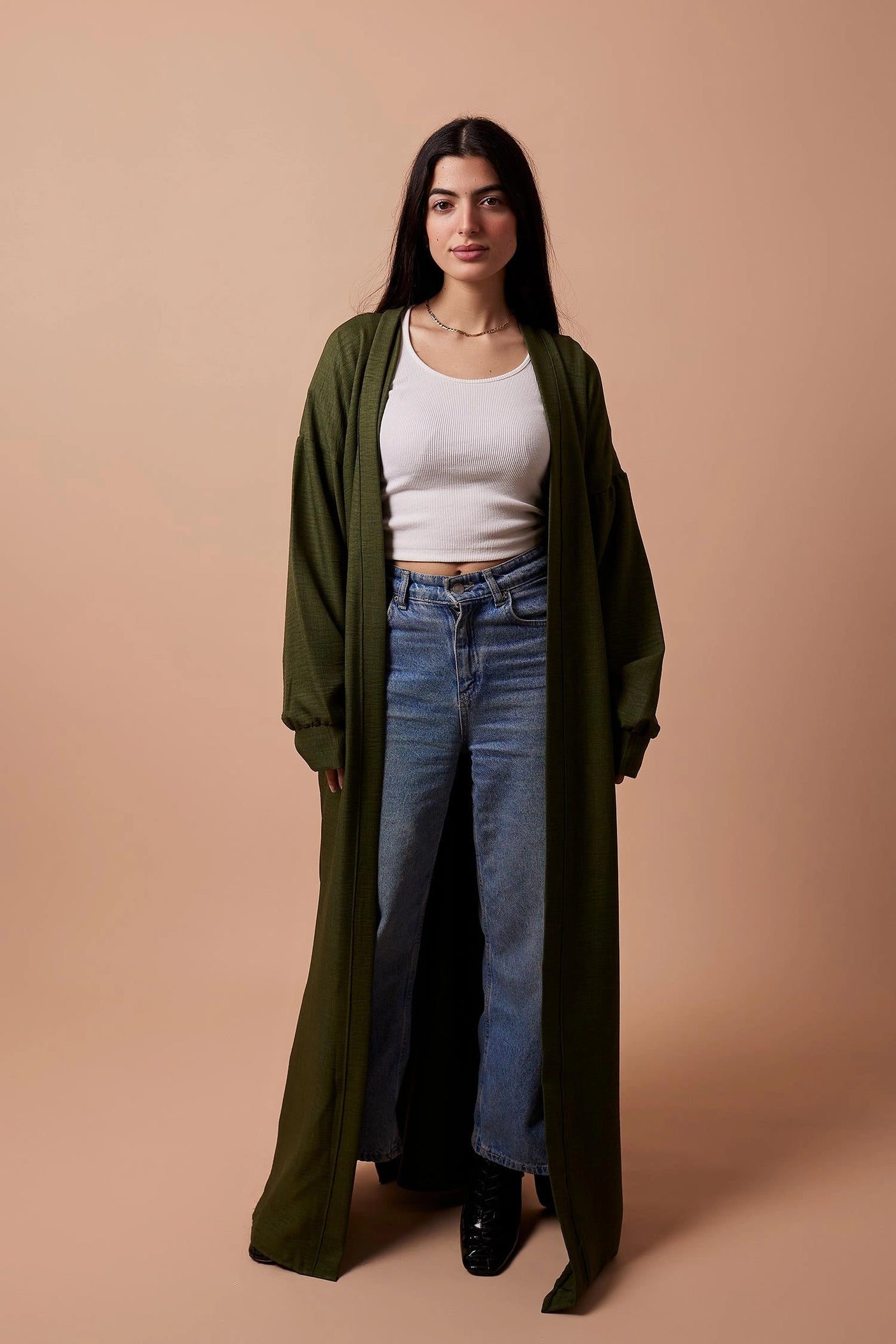 Hans-Long Puff-Sleeve Cardigan with Belt & Pockets