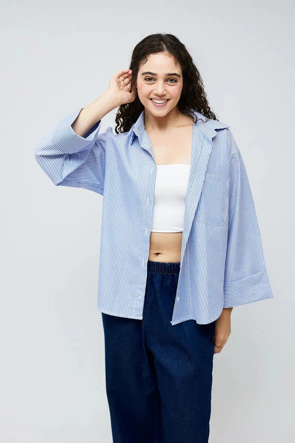 Hans-Casual Striped Oversized Shirt- Baby Blue